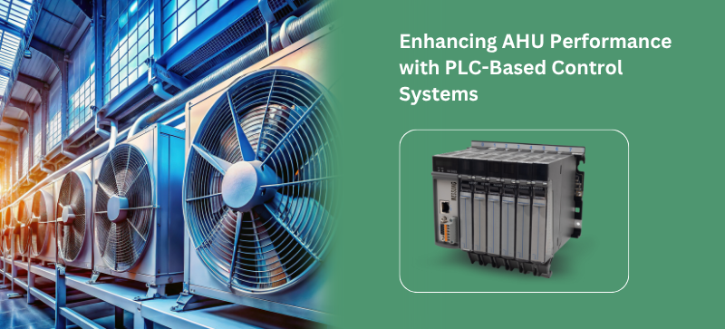 Illustration of a Smart PLC AHU Control system integrated with IoT-enabled PLC, showing sensors, actuators, fan control, and energy flow in an HVAC setup.