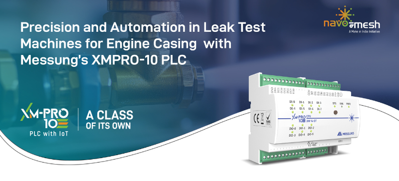 Leak test machine for engine casing controlled by Messung XMPro-10 PLC automation