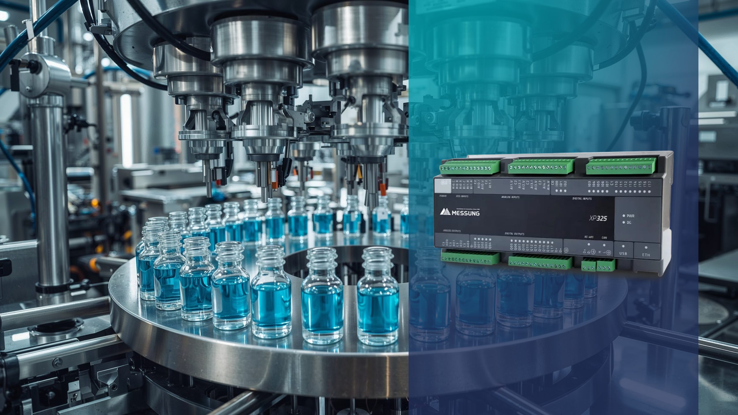 Automated bottle filling line with precision nozzles filling liquid bottles, integrated with Messung XP325 PLC for smart industrial packaging automation.