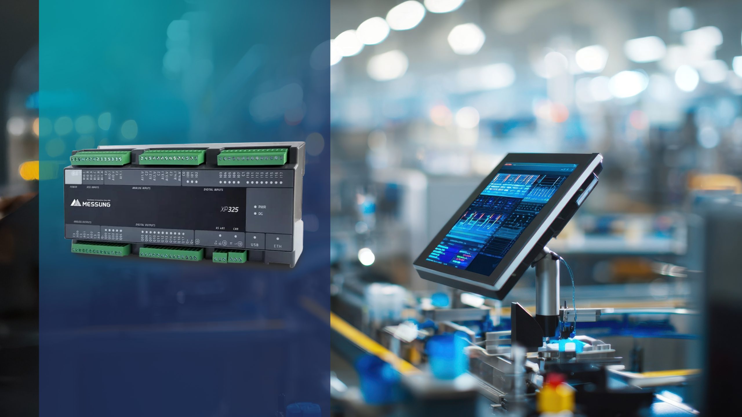 Messung XP325 PLC integrated with industrial HMI panel for real-time monitoring and control in automated manufacturing systems.