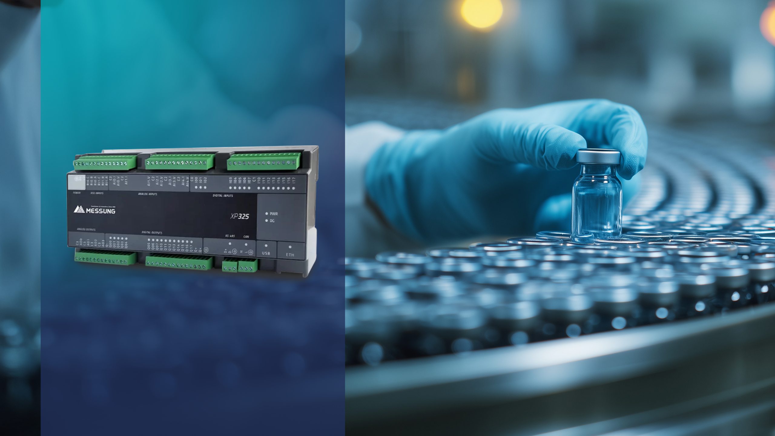 Pharmaceutical vial handling and inspection process integrated with Messung XP325 PLC for precise control, traceability, and automated packaging operations.