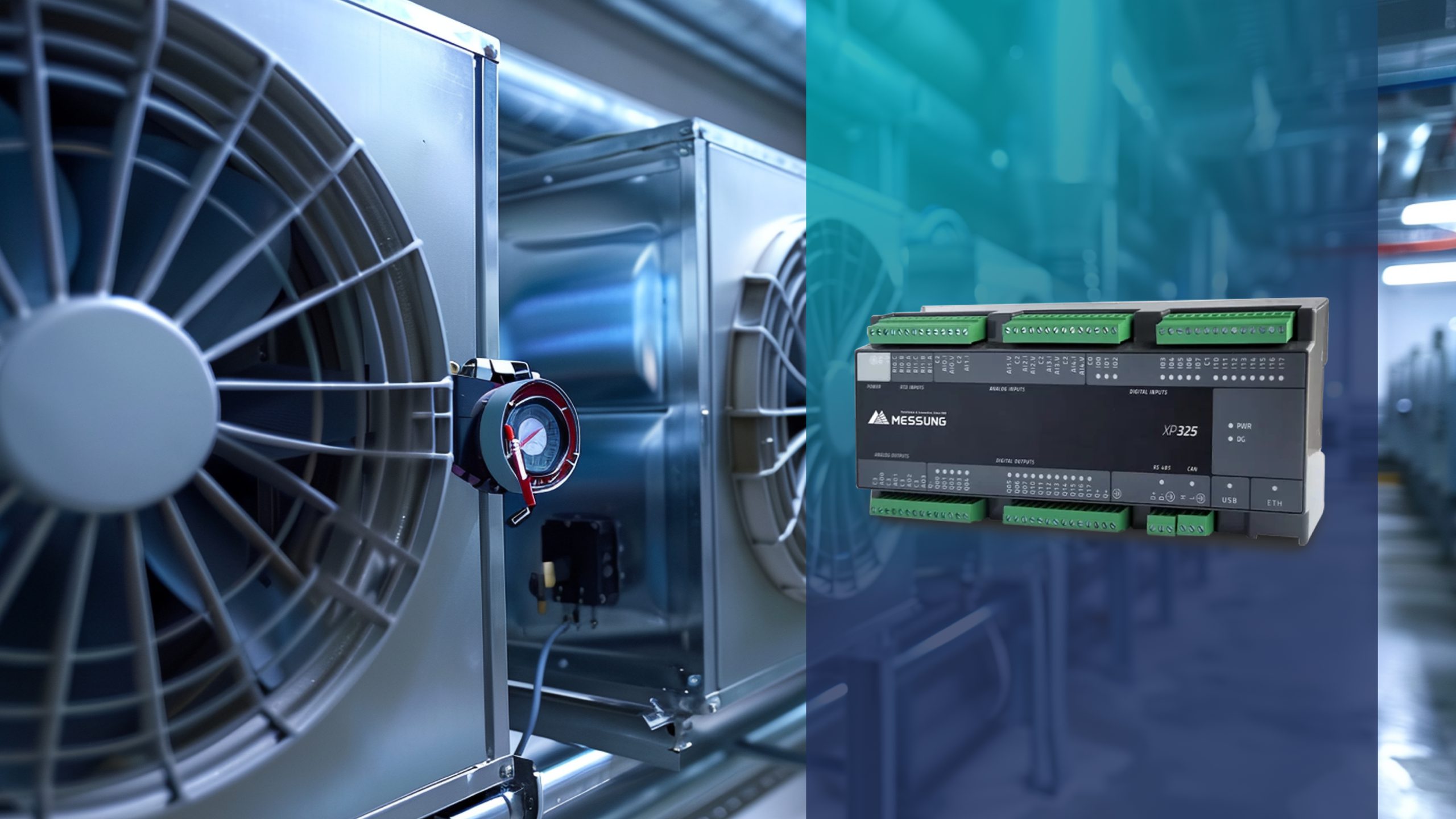 Industrial air handling and ventilation system integrated with Messung XP325 PLC for precise control and monitoring in automated manufacturing environments.