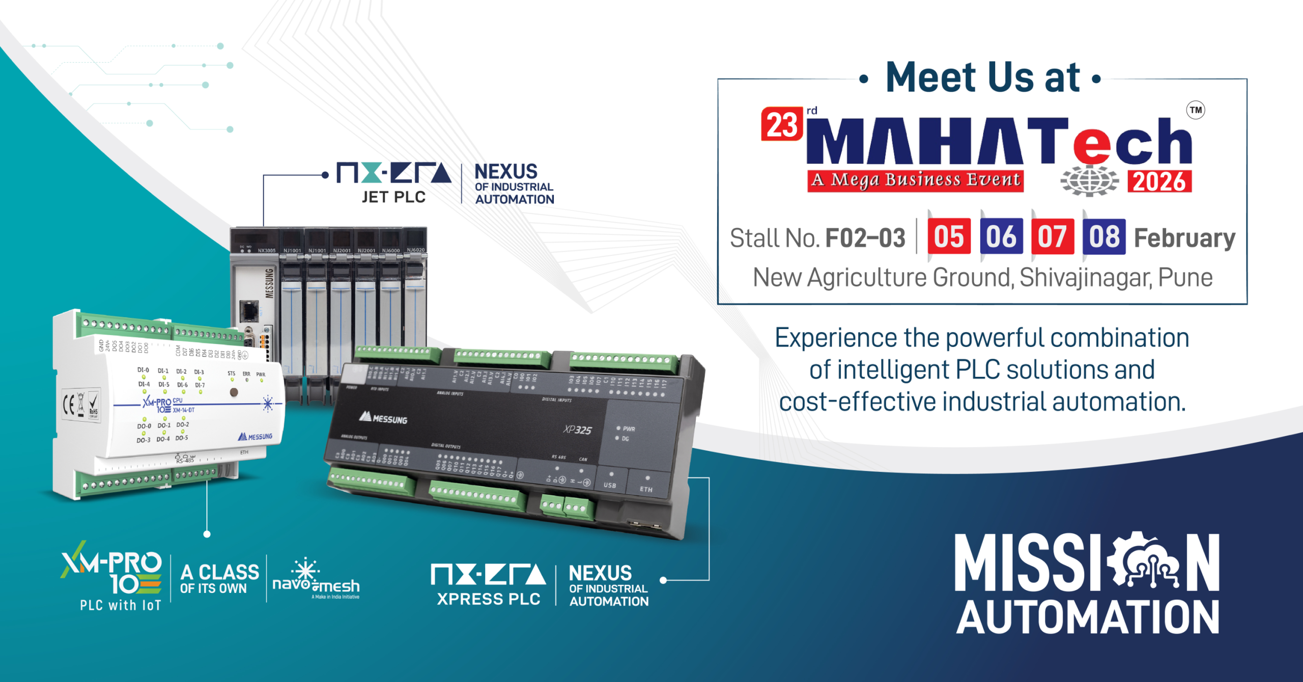 Messung showcasing PLC and industrial automation solutions at MAHATech 2026 exhibition in Pune