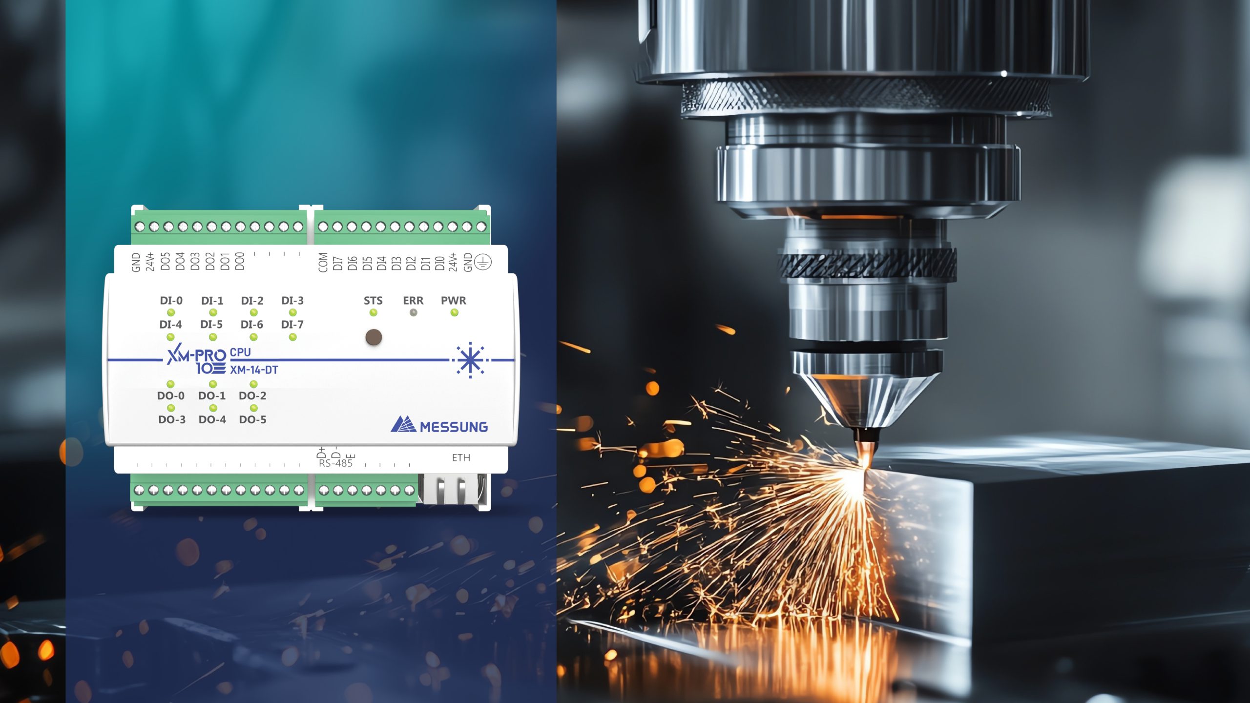PLC-based milling automation using Messung XMPRO-10 PLC controlling a CNC milling machine during precision metal cutting.