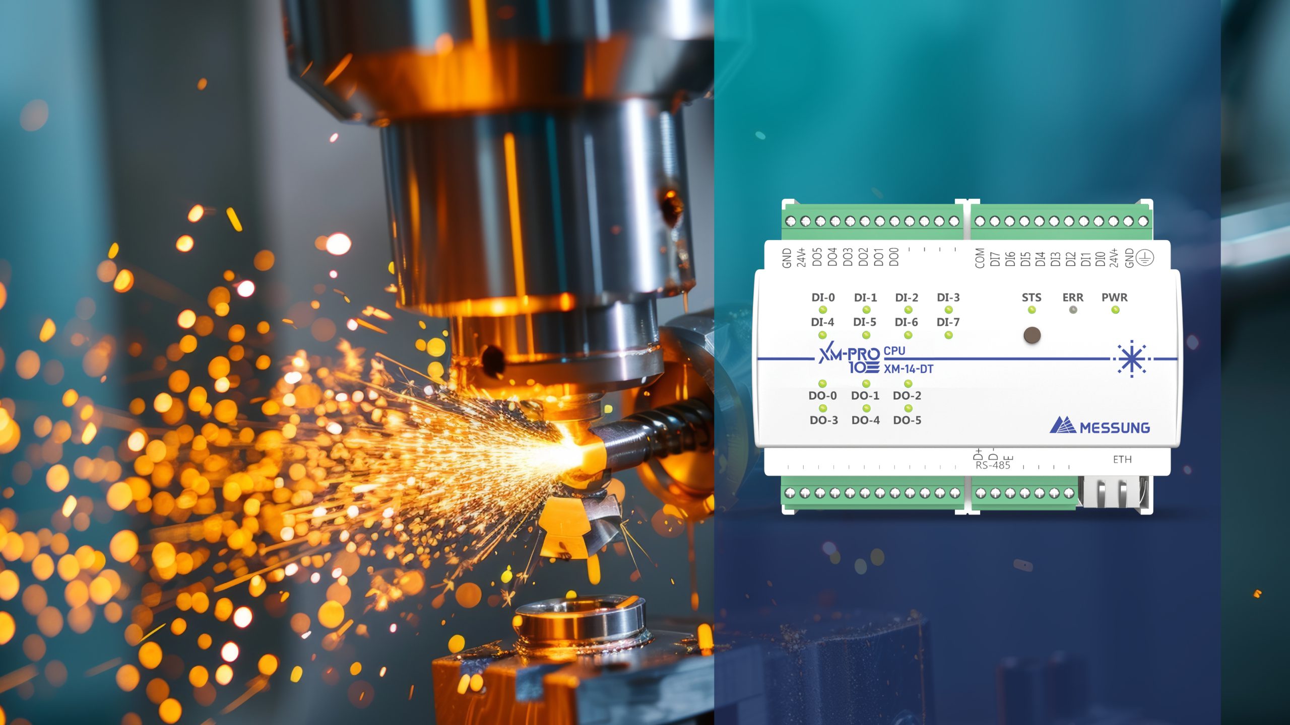 PLC-based milling automation using Messung XMPRO-10 PLC integrated with a precision milling machine generating sparks during metal cutting.