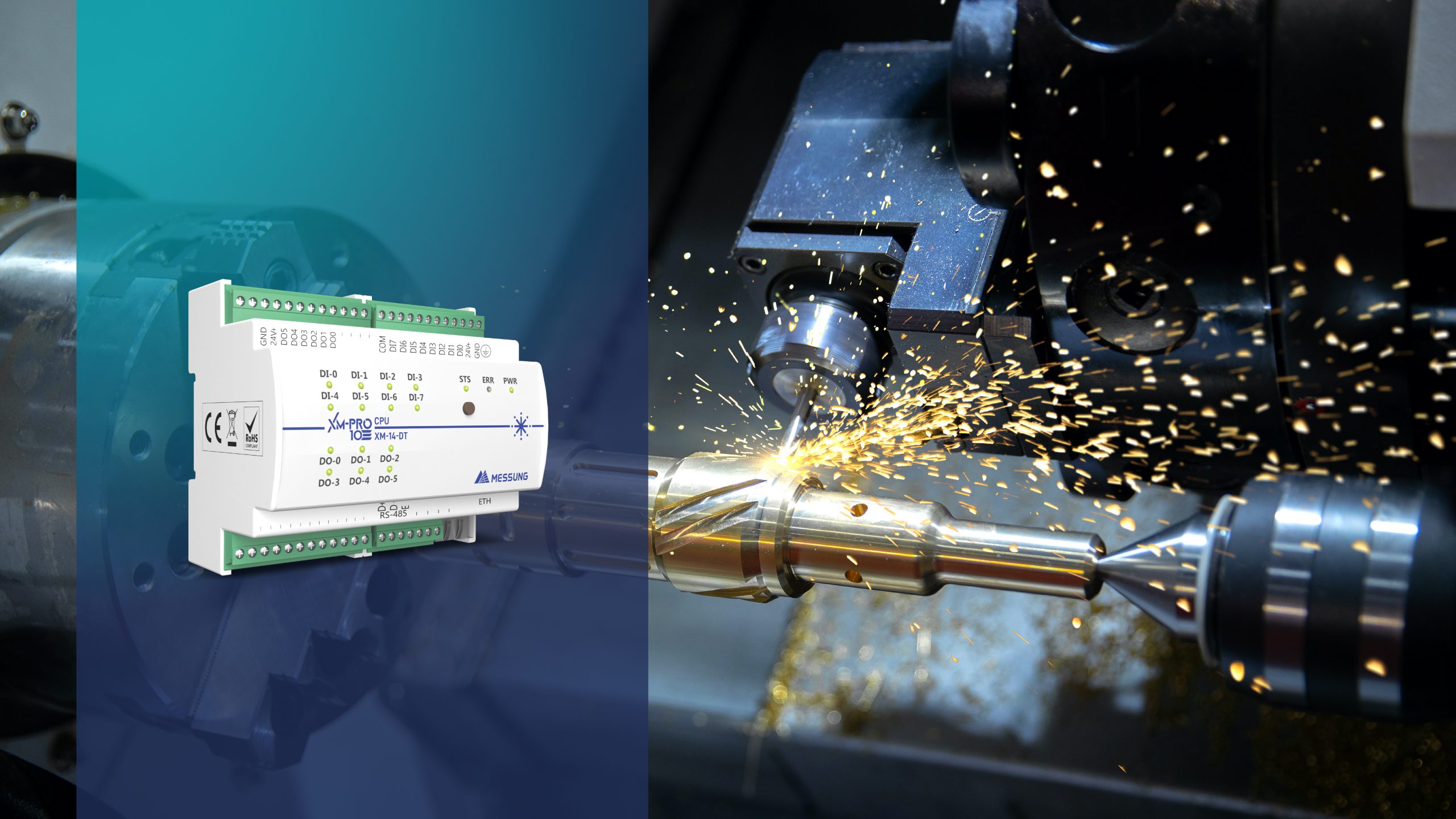 PLC-based milling automation using Messung XMPRO-10 PLC controlling a precision milling machine with sparks during metal cutting.