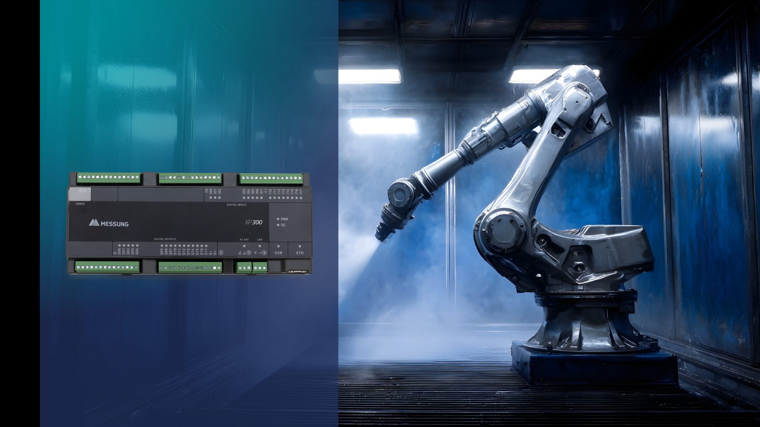 Industrial robotic arm in a spray booth controlled by Messung Xpress XP 300 PLC for automated painting systems.