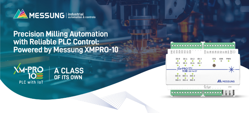 PLC-based milling automation with Messung XMPRO-10 PLC controlling precision machining operations in an industrial milling machine.