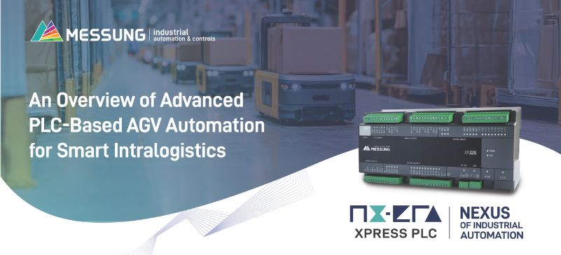Messung NXTA Xpress PLC banner showing PLC-based AGV automation for smart intralogistics and industrial automation solutions.
