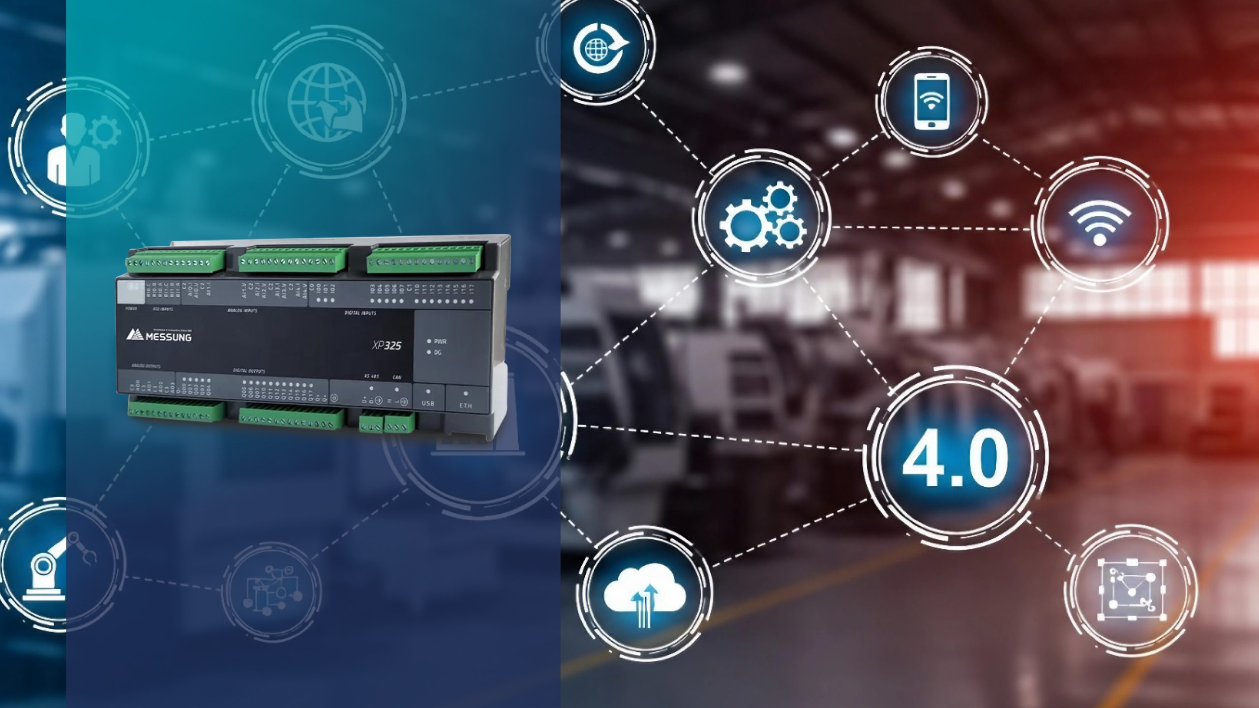 Messung XP325 PLC controller with Industry 4.0 connectivity icons representing smart manufacturing, IoT integration, and industrial automation.