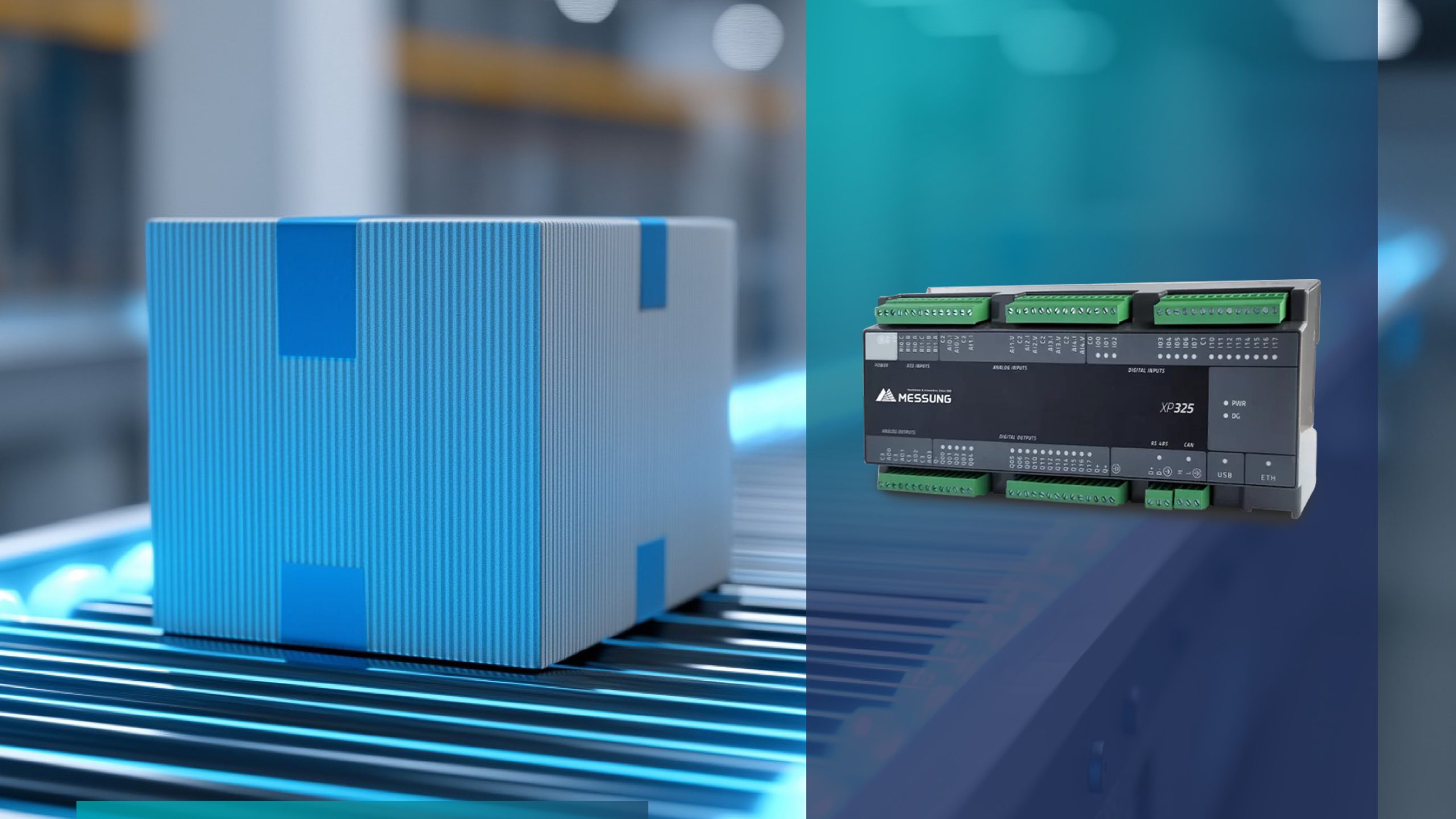 Messung XP325 industrial PLC controller used for automation beside a conveyor system in smart manufacturing environment