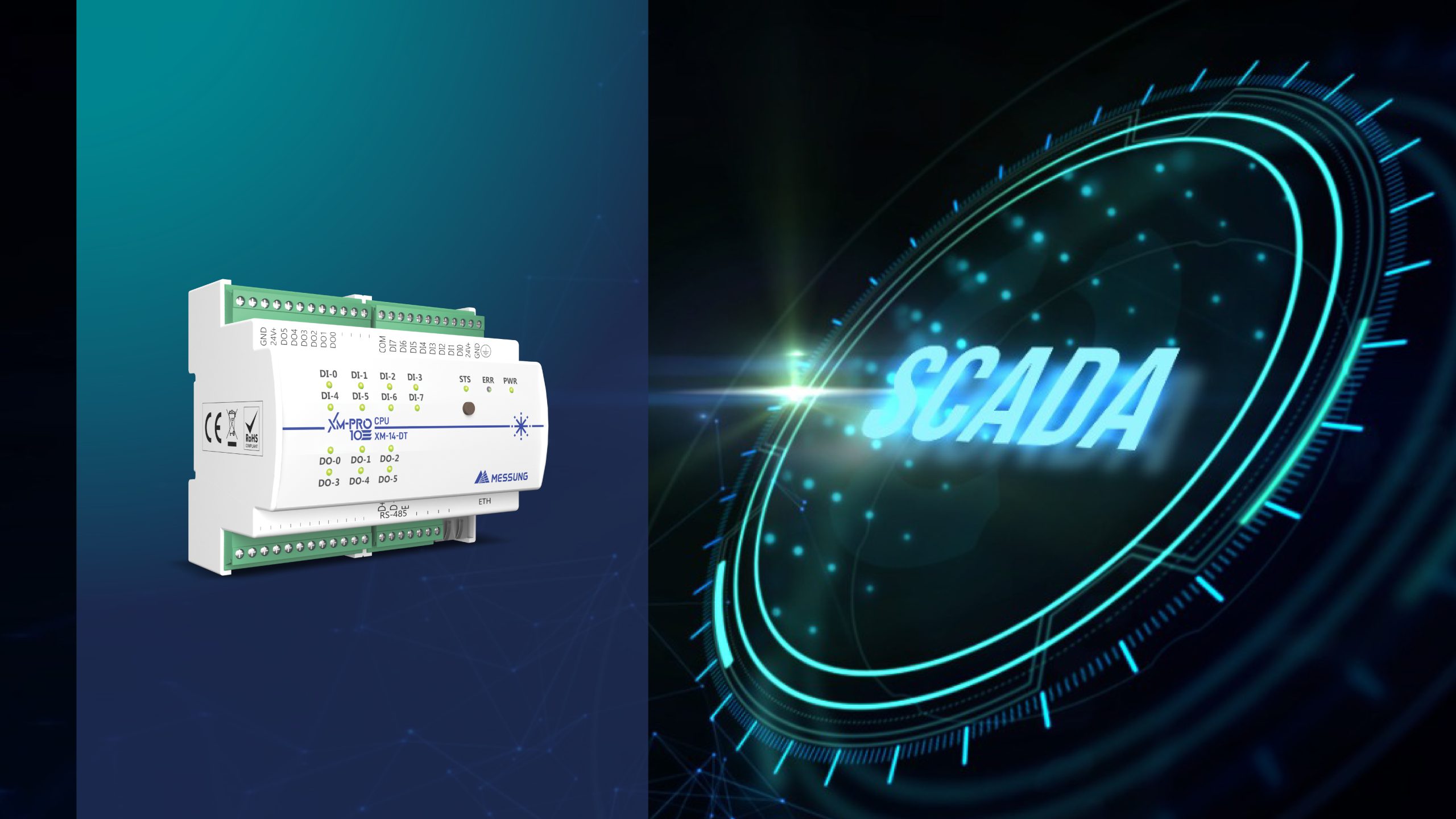 Messung XMR-IO CPU industrial controller with SCADA interface concept showing smart automation and monitoring technology.