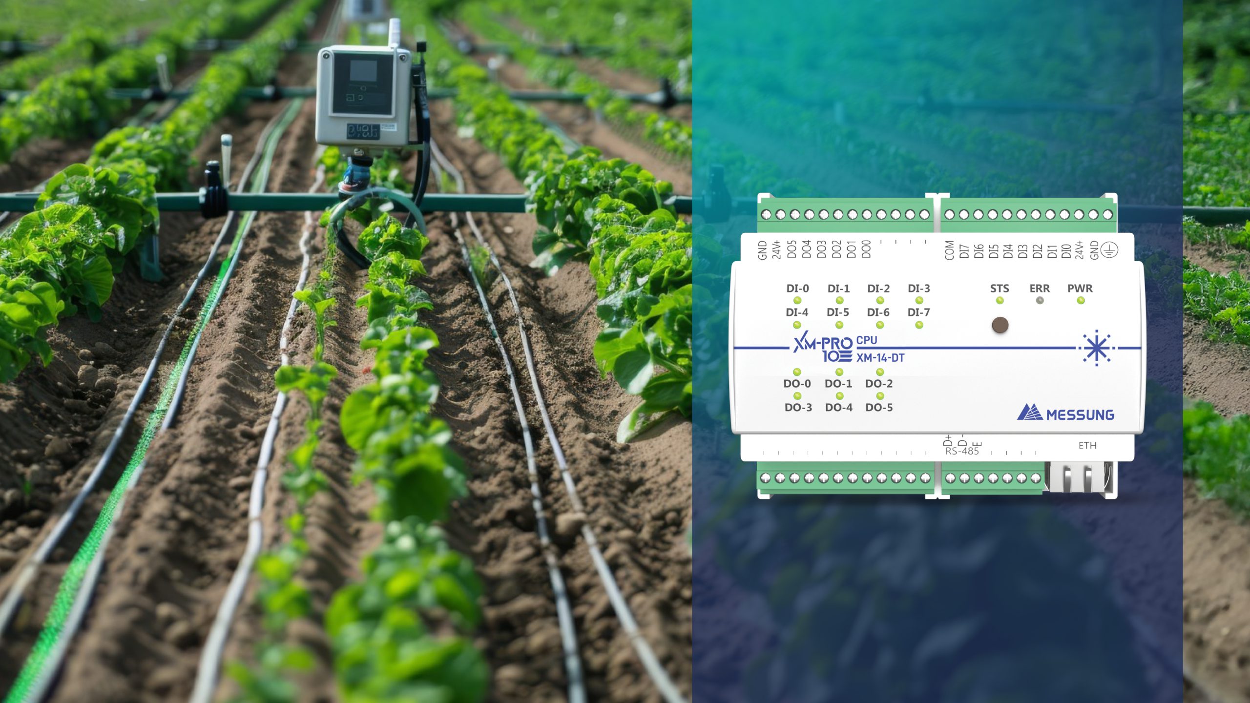Messung XM-Pro CPU industrial controller supporting smart agriculture and drip irrigation automation in modern farming fields.