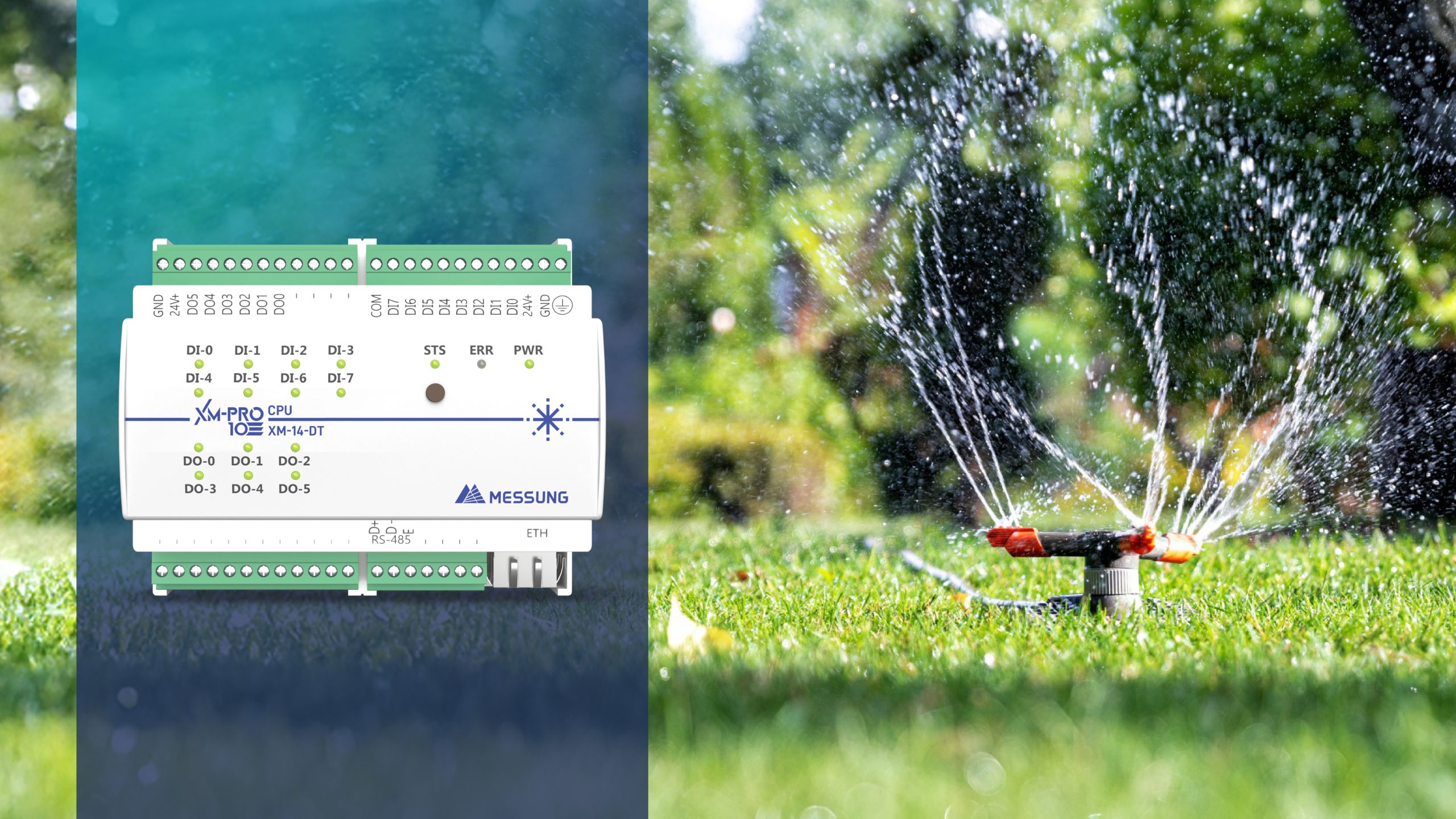 Messung XM-Pro CPU industrial controller used for smart irrigation automation with garden sprinkler system for efficient water management.