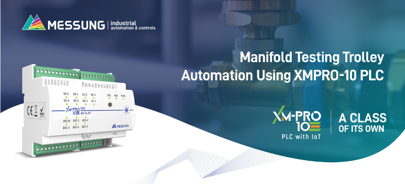 Messung XMPRO-10 PLC used for manifold testing trolley automation with industrial automation and IoT enabled control system.