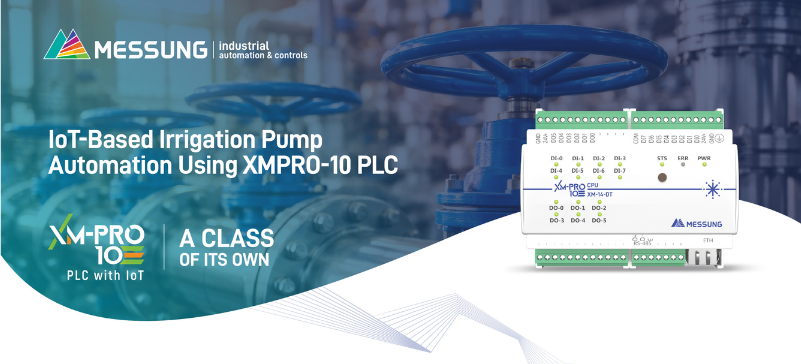Messung XMPro-10 PLC with IoT for irrigation pump automation in industrial water control systems.