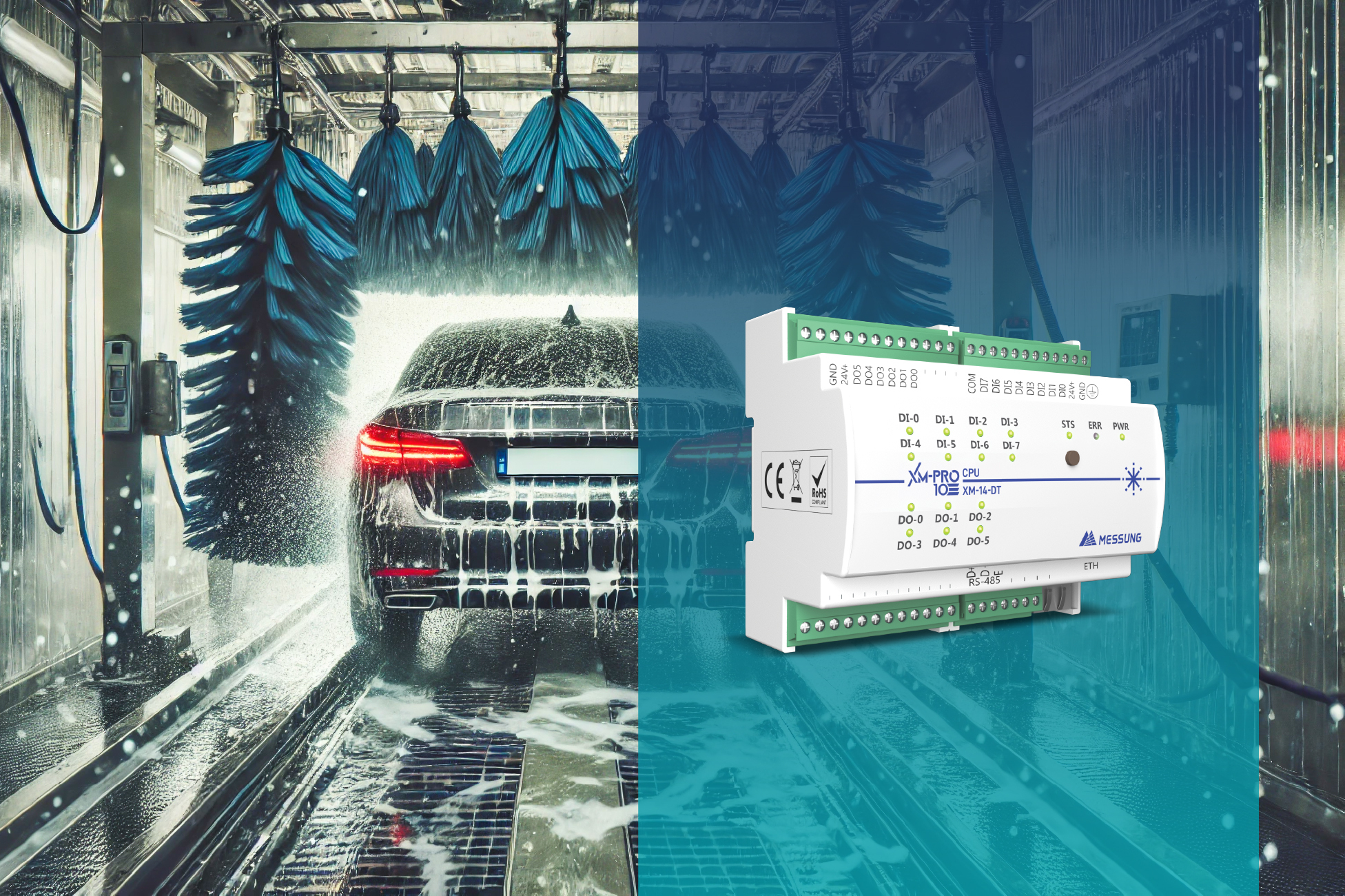 Automatic car wash system controlled by XMPRO-10 PLC with rotating brushes and water spray automation