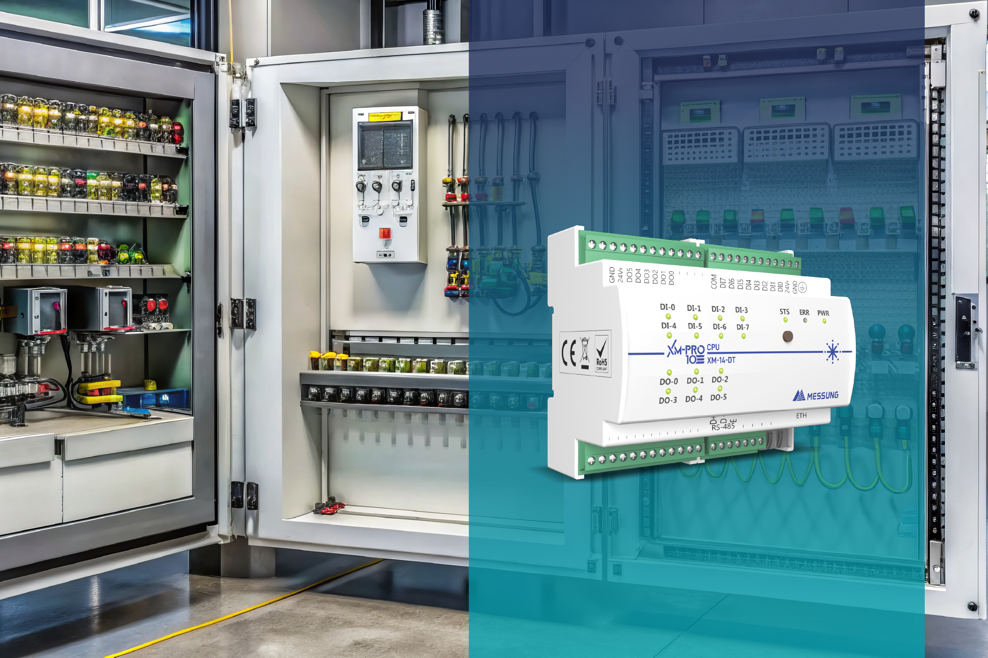 XMPRO-10 PLC used for automation and monitoring inside an industrial electrical control panel system.