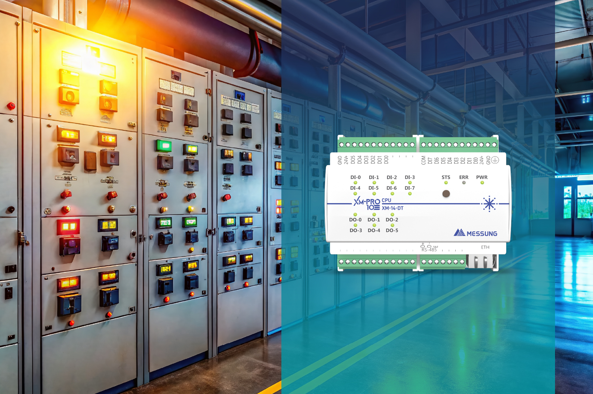 Industrial electrical switchgear control panels with XMPRO-10 PLC automation system used for monitoring and managing power distribution.