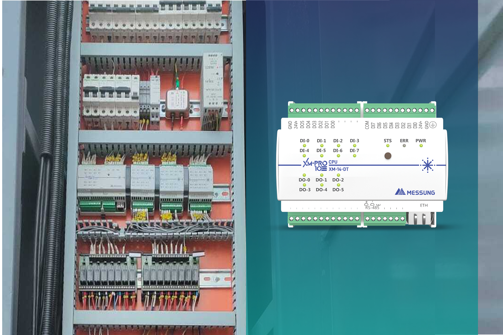 Industrial electrical control panel with PLC wiring system and XM-PRO CPU XM-14-DT for automation control