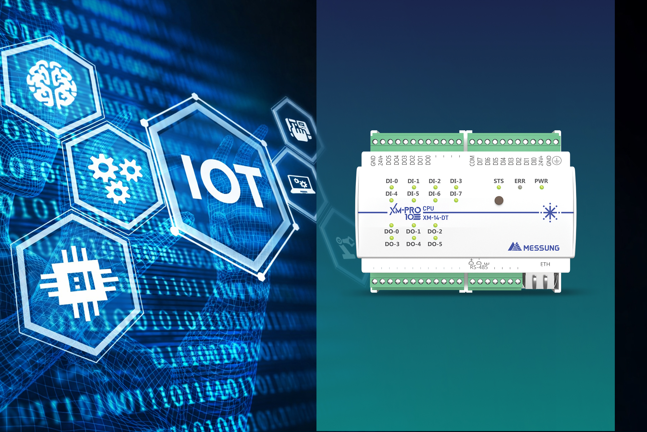IoT technology concept with smart automation icons and XM-PRO PLC controller for industrial IoT solutions