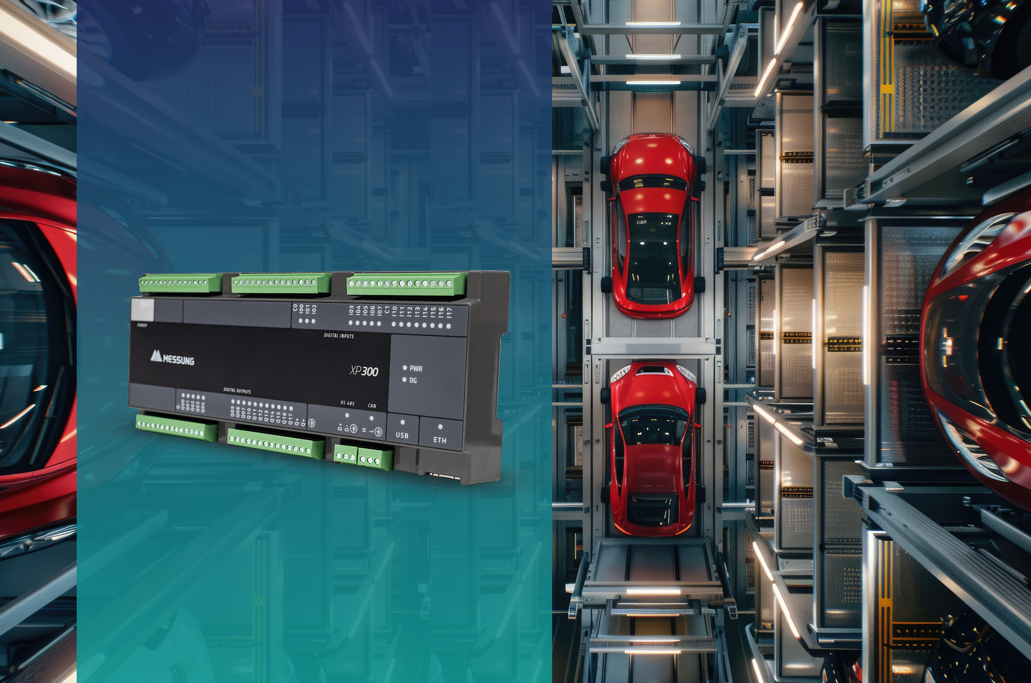 NX-ERA XP 300 PLC controlling automated multi-level car parking system with vertical lift mechanism