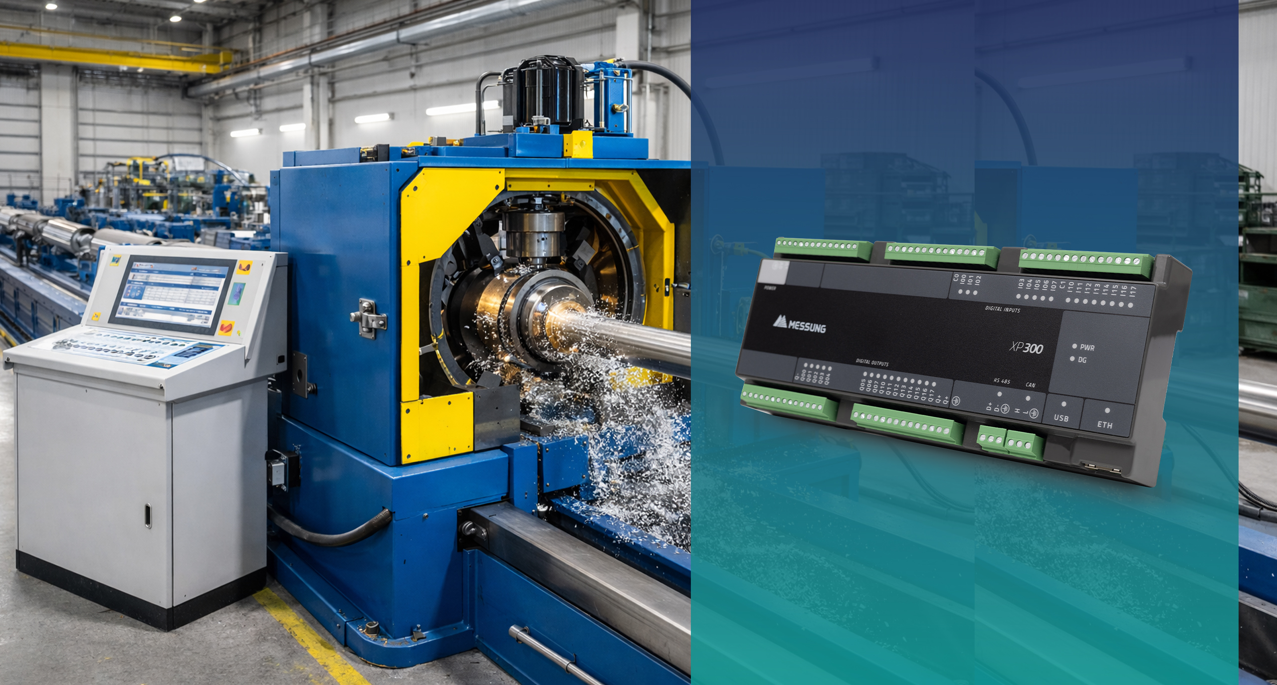 Industrial bar peeling machine operating with PLC control system and metal rod processing in factory