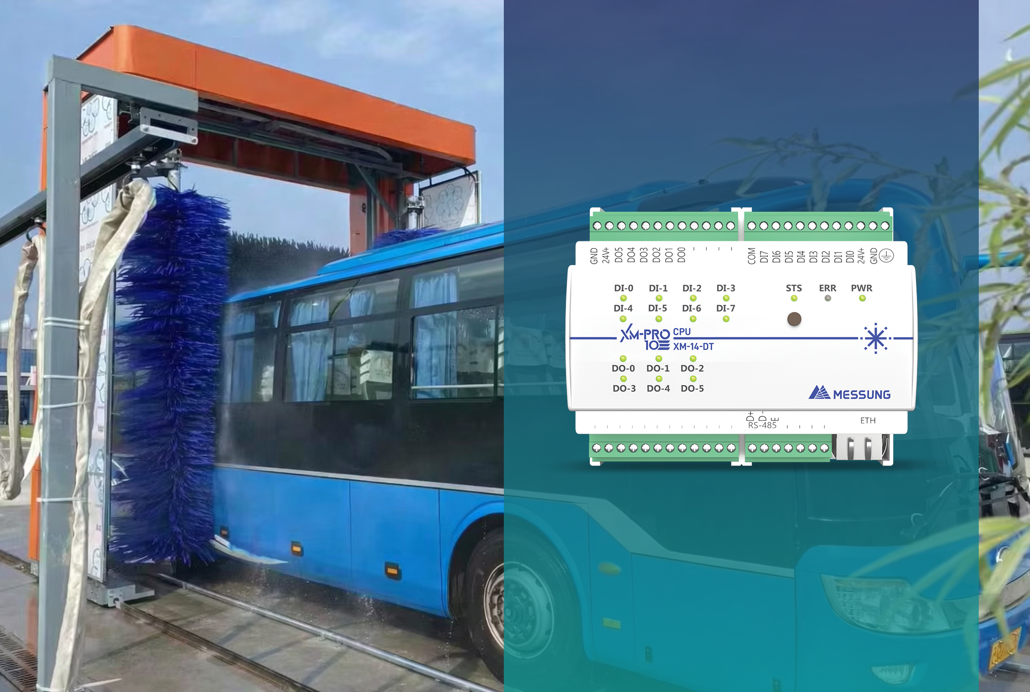 Automatic bus washing machine with rotating brushes and XM-PRO PLC controller for industrial automation