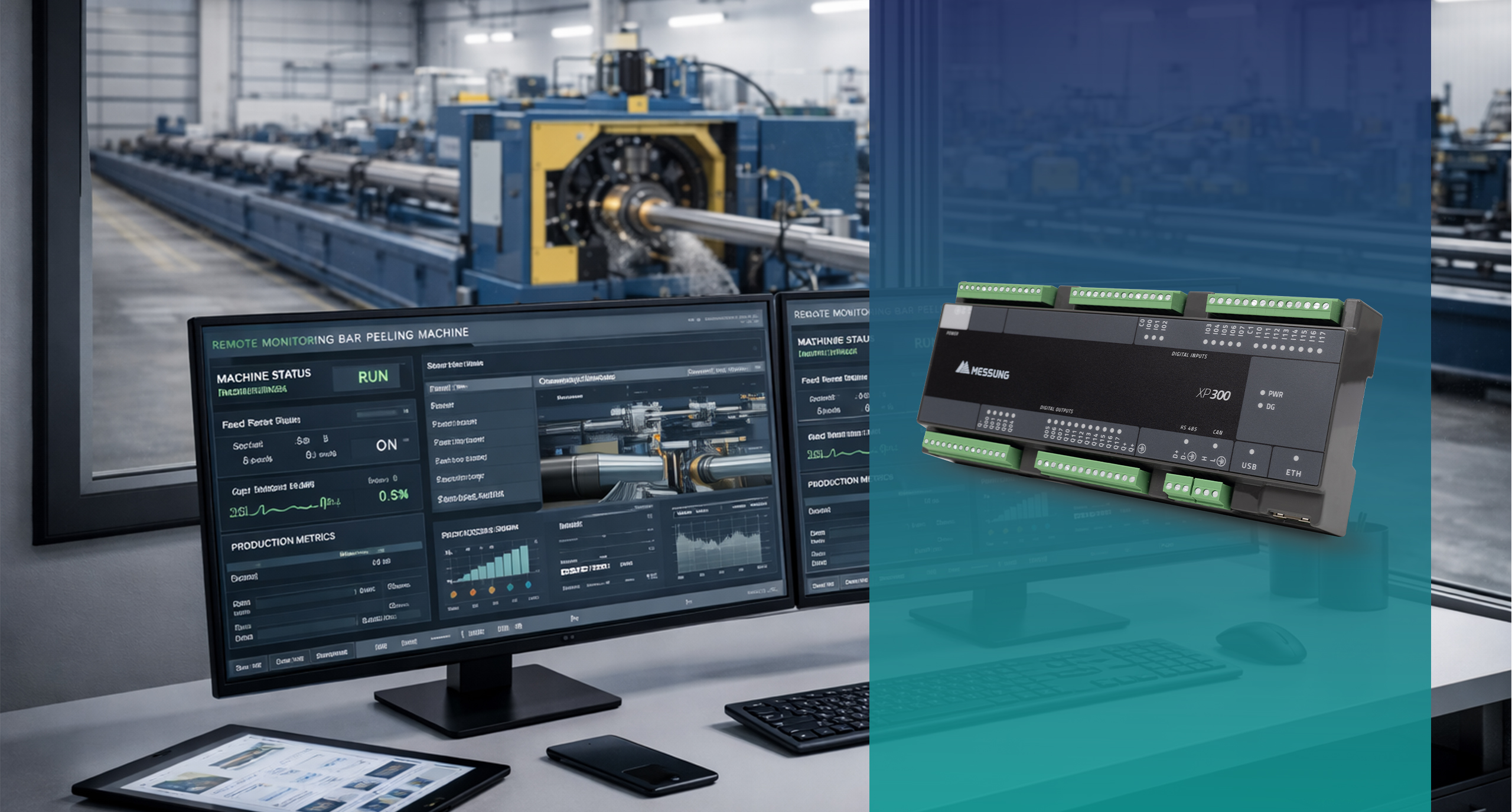 Remote monitoring dashboard for automated bar peeling machine with PLC control system in industrial environment